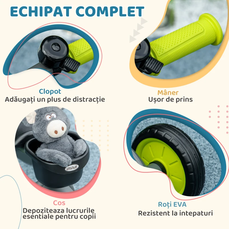 AIYAPLAY Tricicletă pentru Copii cu Scaun Reglabil, Bicicletă pentru Copii cu Coș și Clopoțel, 70.5x53x58 cm, Negru