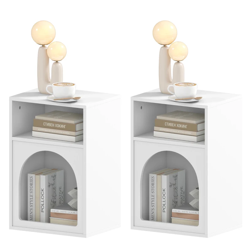 HOMCOM Juego de 2 mesitas de noche, mesa de noche con compartimentos abiertos, diseño arqueado, 40x30x60 cm, blanco