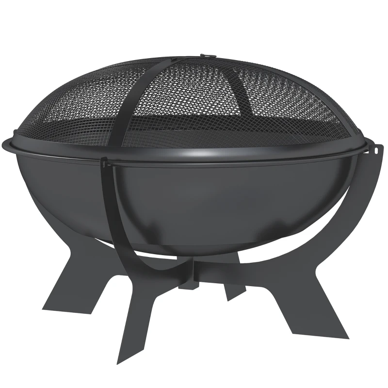 Outsunny Brasero 54x39cm de Metal Redondo con Protector de Chispas Gancho Brasero para Jardín, Balcón Negro