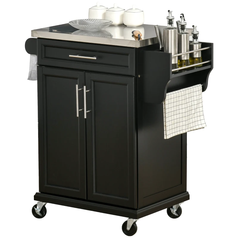 HOMCOM Dessert cuisine desserte à roulettes îlot central cuisine avec plateau en acier inox, étagère réglable, tiroir, porte-épices, porte-couteaux et porte-serviettes, 83,5 x 45,7 x 90,5 cm, noir