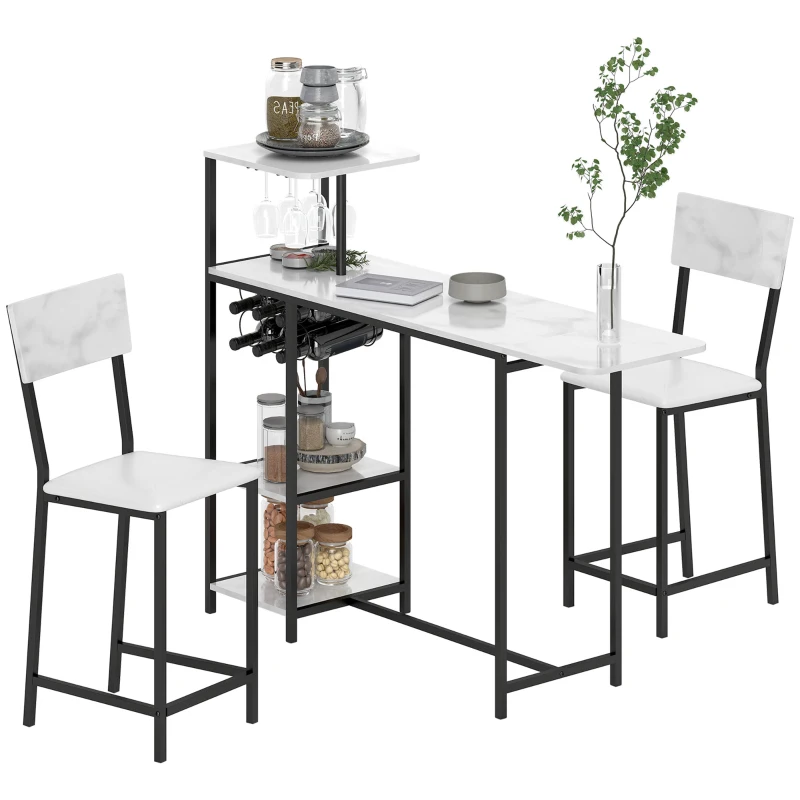 HOMCOM Conjunto de mesa de bar con taburetes, abatible, casilleros para vino, portavasos, estantes y reposapiés, blanco