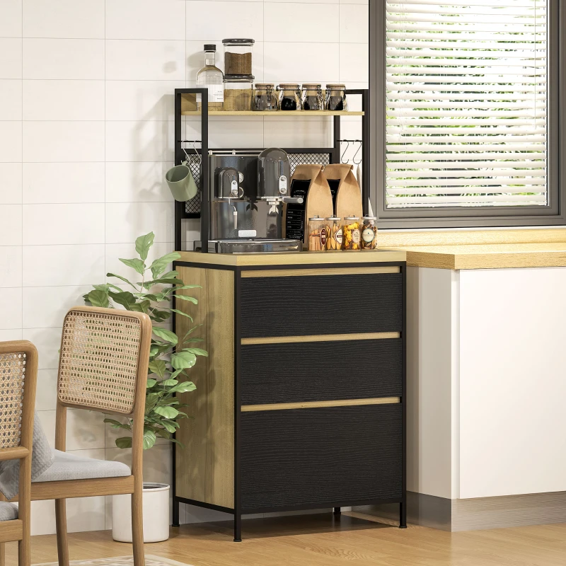 HOMCOM Armario de cocina estilo industrial con 3 cajones, encimera, estante y 4 ganchos, 60x40x132 cm