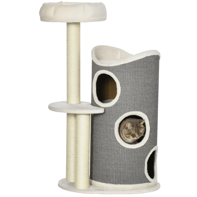 PawHut Árbol Rascador con cama para gatos y tina rascadora para gatos, 60x44,5x109 cm, Gris + Natural + Blanco