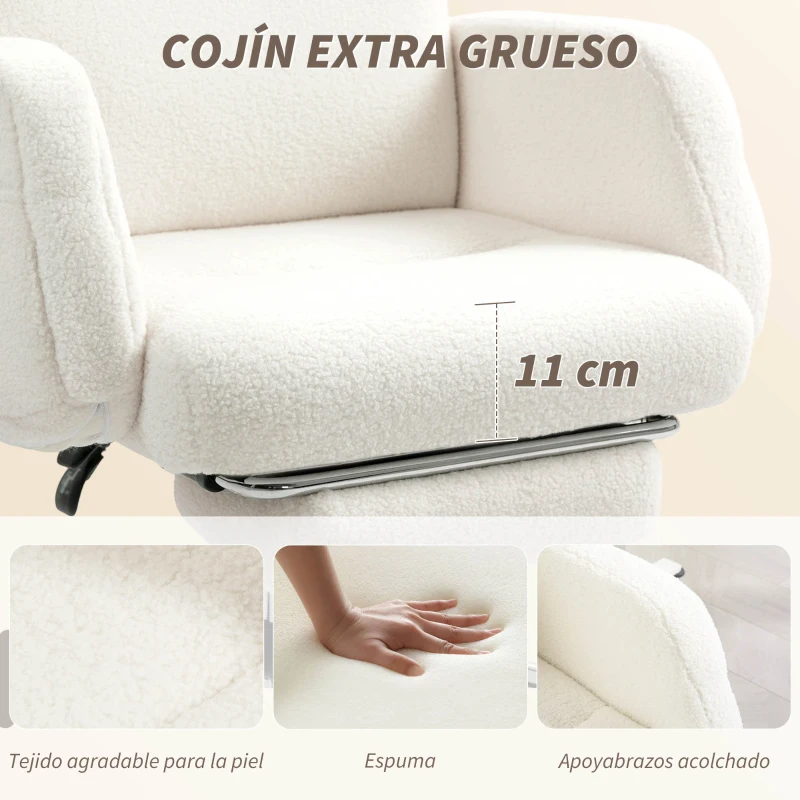 HOMCOM Silla de Escritorio con Reposapiés Tapizada en Borreguito con Respaldo Reclinable Reposacabezas Ajustable Crema