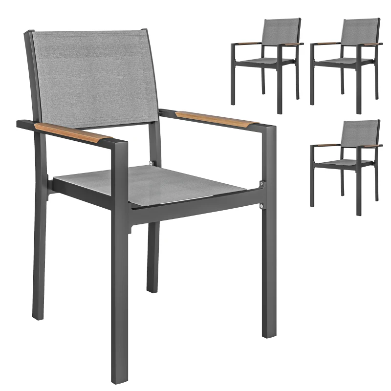 Outsunny Lote de 4 sillas de jardín, sillas de comedor con apoyabrazos de efecto madera estructura de aluminio, gris claro