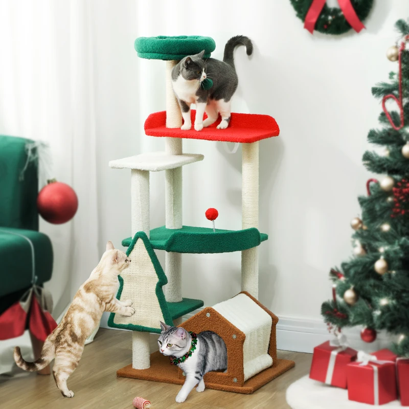 PawHut Árbol para gatos de 135 cm en Colores Navideños con cama, casa, postes rascadores, plataformas de salto y bolas de juguete