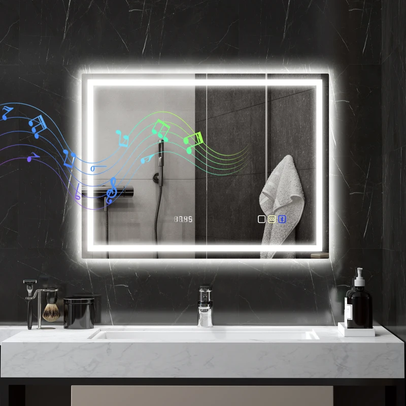 HOMCOM Espejo de Baño con Iluminación LED, Pad Anti-Beschlag, 3 Colores Ajustables, Reloj, 600x800 mm, Color Plata