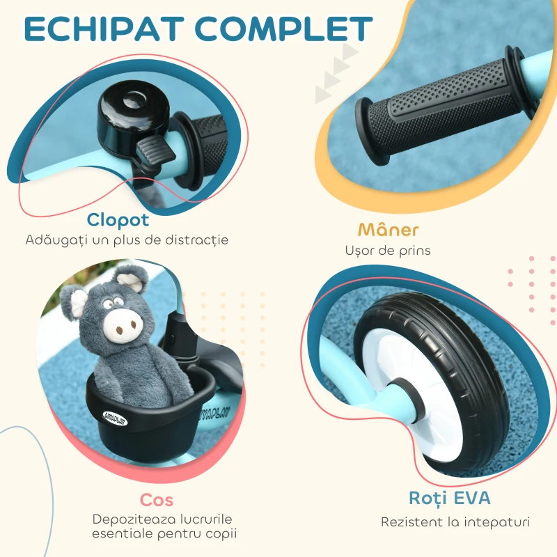 AIYAPLAY Tricicleta pentru Copii 2-5 Ani cu Scaun Reglabil, Bicicleta pentru Copii cu Cosuleț, 70,5x53x58 cm, Albastru