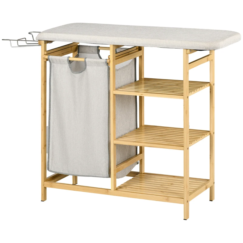 HOMCOM Recolector de ropa, multifuncional, tabla de planchar y bolsa de tela 57 L, marco de bambú, 113x34x82 cm, Natural/Gris