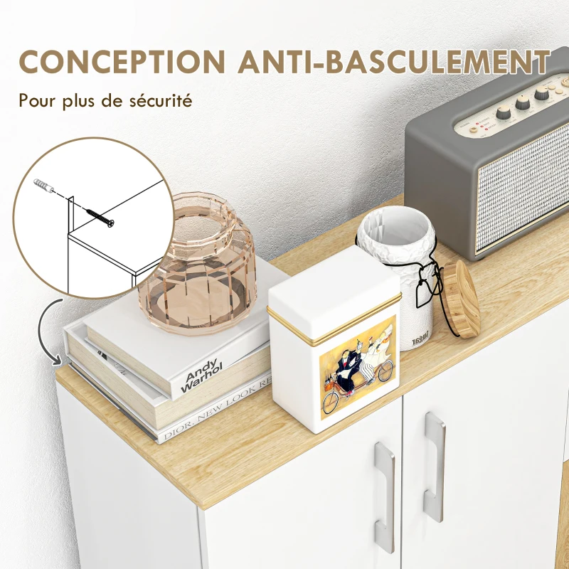 HOMCOM Buffet, meuble de rangement avec 3 portes, 2 tiroirs et étagère réglable, 90 x 30 x 75,5 cm, blanc et bois naturel