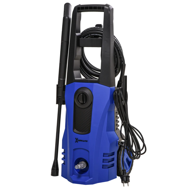 DURHAND Lavadora a presión potencia 150 bares máx, caudal 510 l/h máx, motor 1800W manguera 6m y cable 5m con ruedas azul