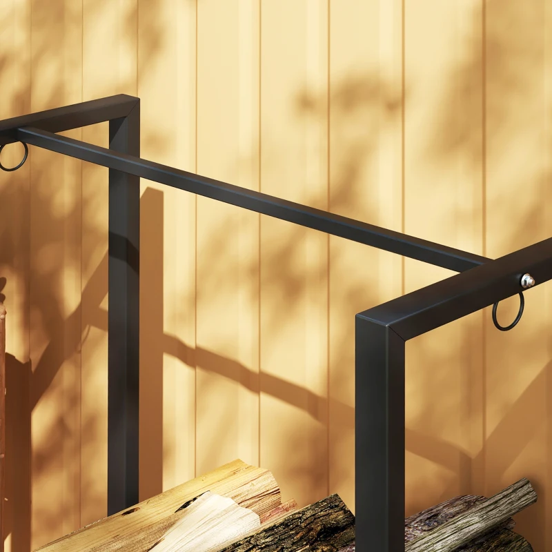 Outsunny Soporte de leña con dos compartimentos, 3 ganchos, base elevada, 123x32x115 cm, acero, negro