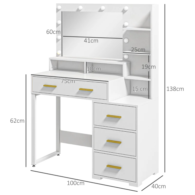 HOMCOM Tocador con espejo y 9 luces LED, 4 cajones y 6 compartimentos abiertos, 100x40x138 cm, Blanco