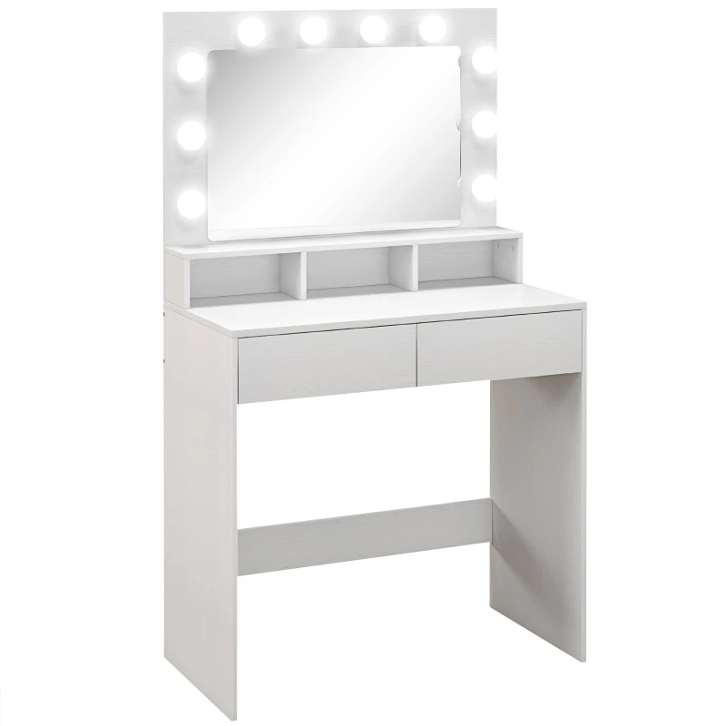 HOMCOM Tocador con espejo Hollywood, cajones, 3 modos de iluminación, 10 bombillas, 80 x 40 x 135 cm, blanco