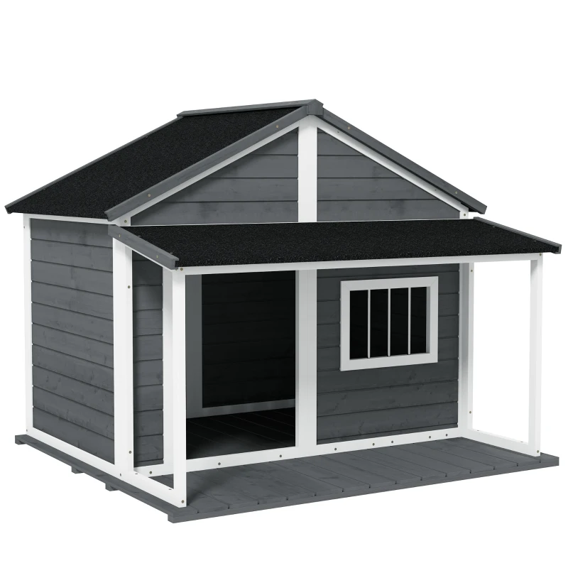 PawHut Hundehütte Outdoor-Hundehütte, incl. Terraza, resistente a la intemperie, 124 cm x 112 cm x 105 cm, Gris + Blanco