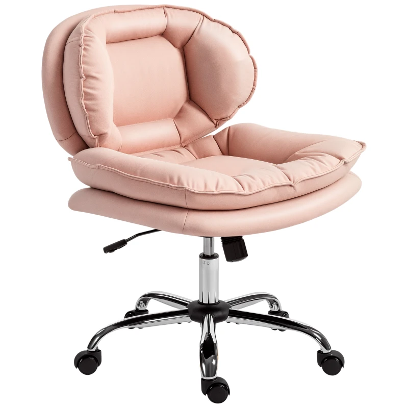 HOMCOM Chaise de Bureau sans Accoudoirs Chaise de Bureau avec Roues Double Rembourrage Basculante Hauteur Ajustable 60x65x93 cm Rose