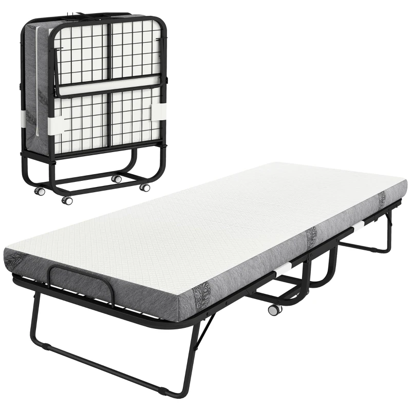 HOMCOM Cama Plegable 200x90 cm con 4 Ruedas, Cama de Camping Portátil, con Colchón Individual de 10 cm, Marco de Acero, Carga 150 kg, para Dormitorio, Salón, Oficina, Blanco
