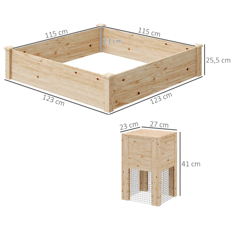 Outsunny Jardín elevado de madera cuadrado con compostador diseño de fondo abierto 123x123x25,5 cm madera natural