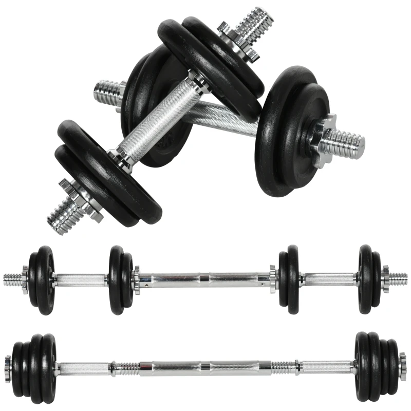 HOMCOM Set de Mancuernas Cortas y Largas 2 en 1 de 20 kg con 8 Discos de Pesas, Hierro Inoxidable, Negro, 95 x 16 x 16A cm