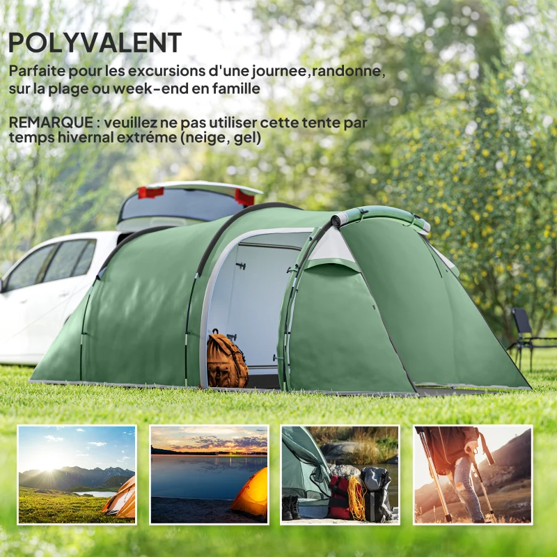 Outsunny Tente de camping familiale 2-3 personnes tente tunnel étanche légère ventilée facile à monter chambre salon 3 portes fenêtres 4,26 x 2,06 x 1,54 m fibre verre polyester PE vert