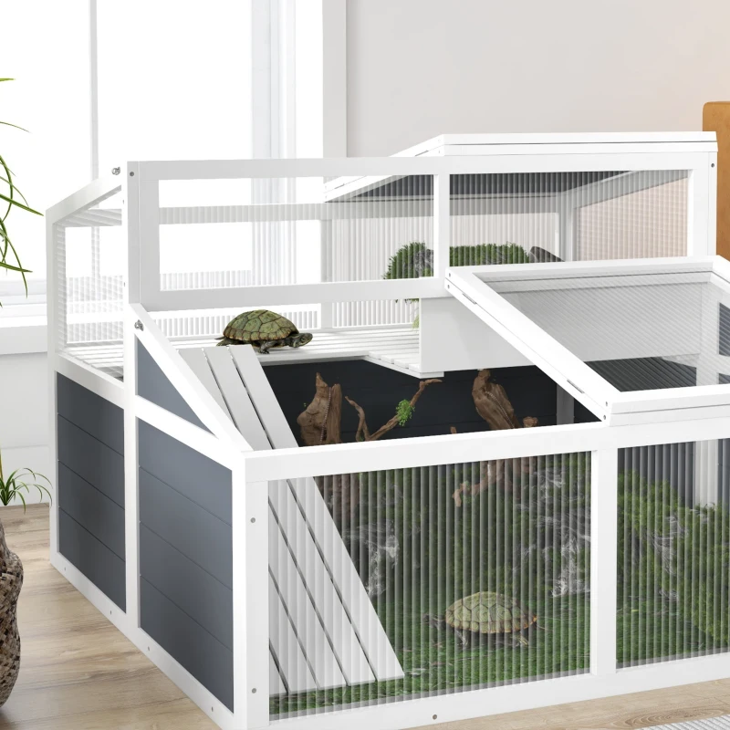PawHut Casa recinto jaula para pequeño animal tortuga con 2 espacios techo en policarbonato 3 puertas rampa 115x115x82 cm Gris