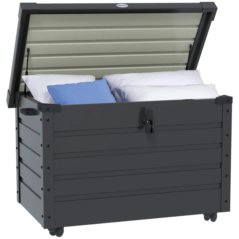 Outsunny Caja de almacenamiento de jardín al aire libre, caja de cojines, resistente a la intemperie, 4 ruedas, 100x62x65 cm, Gris