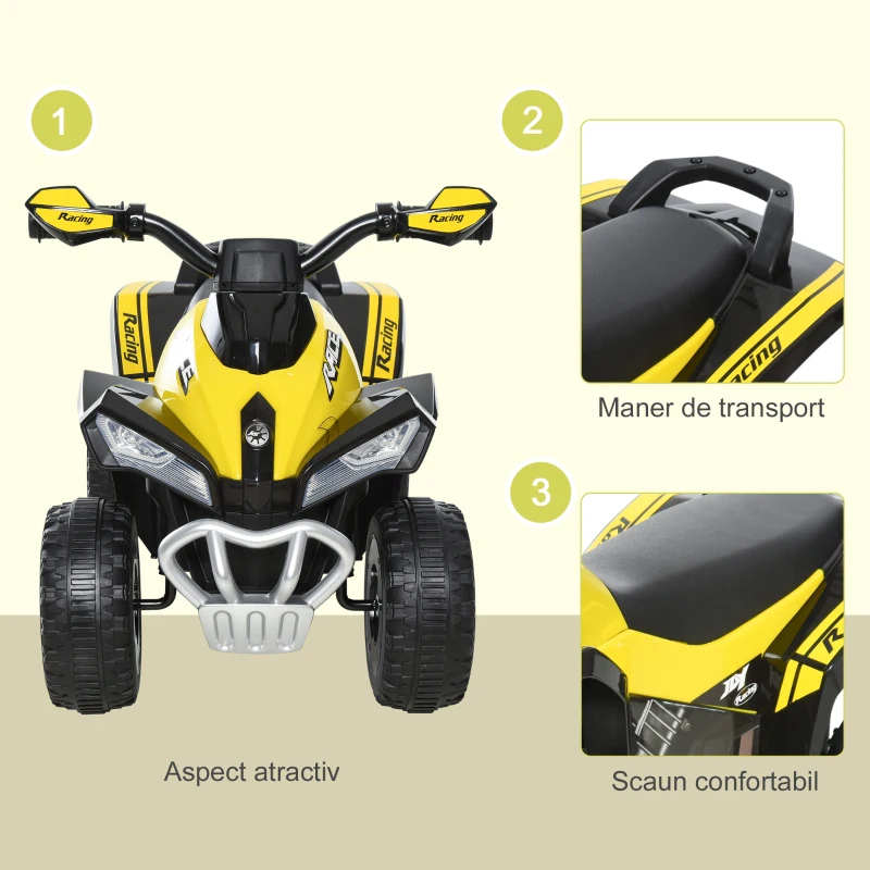HOMCOM Mini ATV, Motocicletă pentru Copii 18-36 Luni cu Muzică Integrată și Ghidon Larg, 67,5x38x44 cm, Galben(m-7)