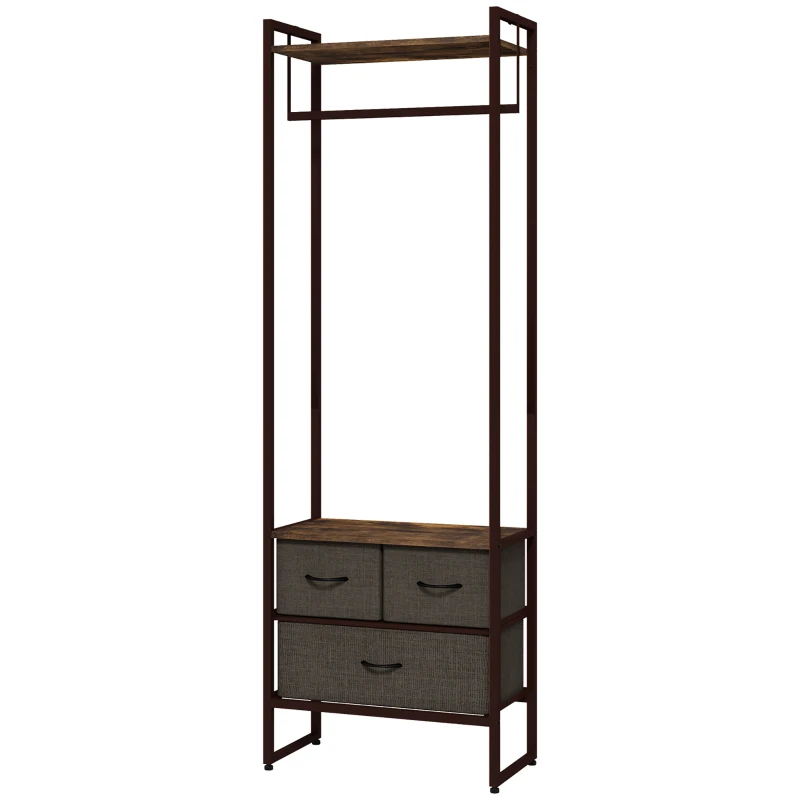 HOMCOM Perchero con 3 cajones de tela, estantes de almacenamiento y barra de suspensión, 58,5x30x178 cm, Marrón