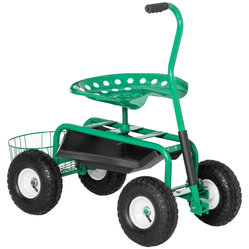 Silla de jardín giratoria de 360 ° ajustable en altura con plataforma de almacenamiento, ruedas, asa, taburete de jardín móvil giratorio, taburete de trabajo para jardín de hasta 150 kg, taburete de jardín de metal para trabajos de jardinería en verde