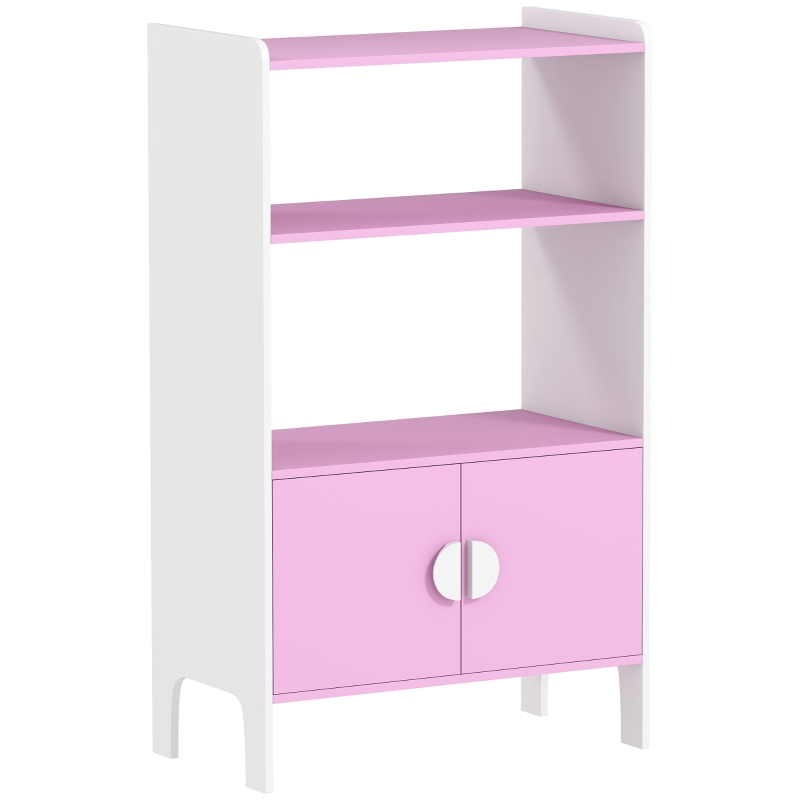 AIYAPLAY Estante de libros para niños, 2 Estantes, 2 Armarios, independiente, Diseño Antivuelco, Patas Antideslizantes, MDF, Rosa+Blanco