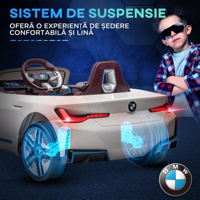 HOMCOM Masinuta Electrica pentru Copii BMW i4 cu Licenta de 12V cu Telecomanda, Masina Alimentata Electric cu Baterii Portabile, Muzica, Claxon, Faruri, Slot MP3, Roti cu Suspensii, pentru Varste intre 3-6 ani - Alb(m-7)