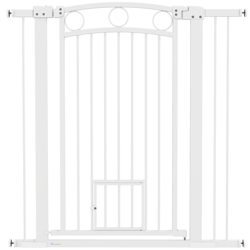 PawHut Puerta de Seguridad para Mascotas de 106 cm de Altura con Ancho Ajustable, Puerta para Gatos Integrada, para Escaleras y Marcos