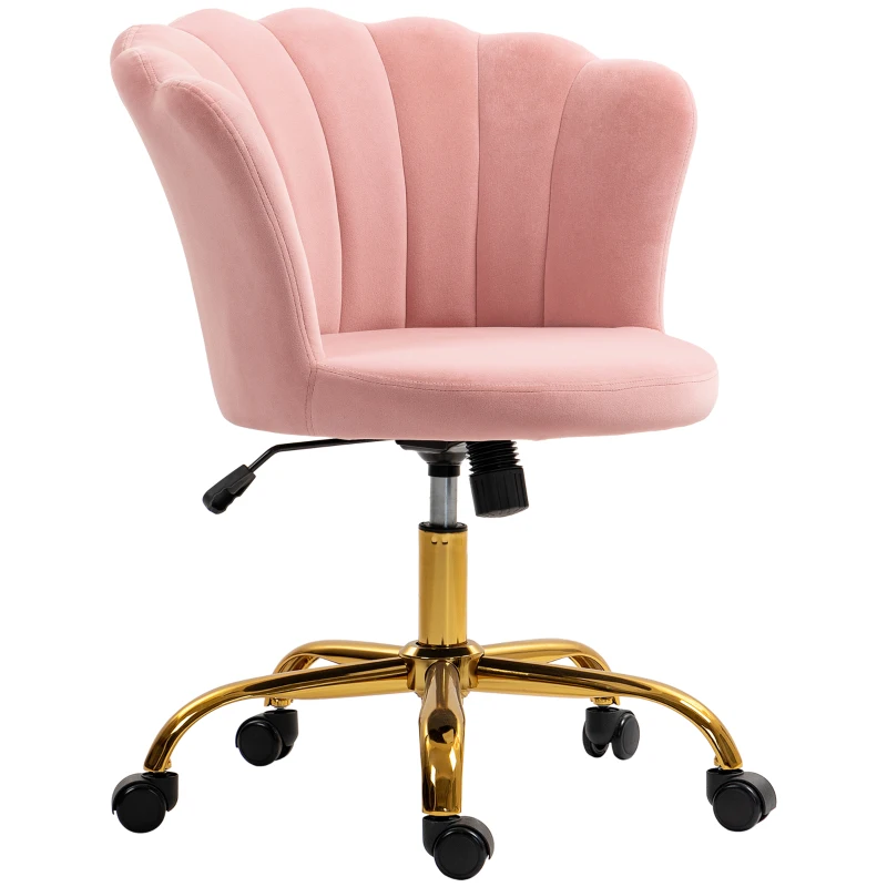 HOMCOM Silla de oficina en terciopelo, silla de tocador con respaldo en pétalo, altura ajustable, 69x64x80-90 cm, rosa