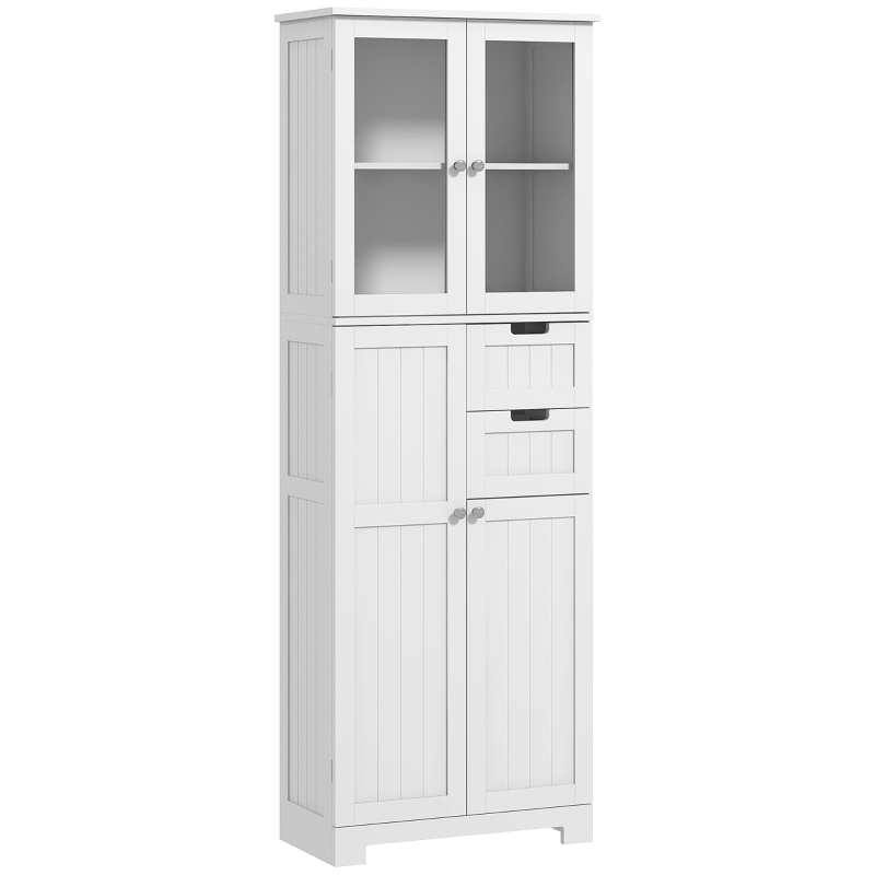 HOMCOM Armario alto de almacenamiento, armario con puertas de vidrio y estantes ajustables para baño, cocina, salón, Blanco