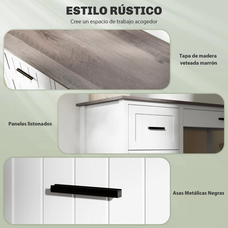 HOMCOM Escritorio Rústico 120x50 cm Mesa de Escritorio con 3 Cajones y Encimera con Efecto Madera Blanco