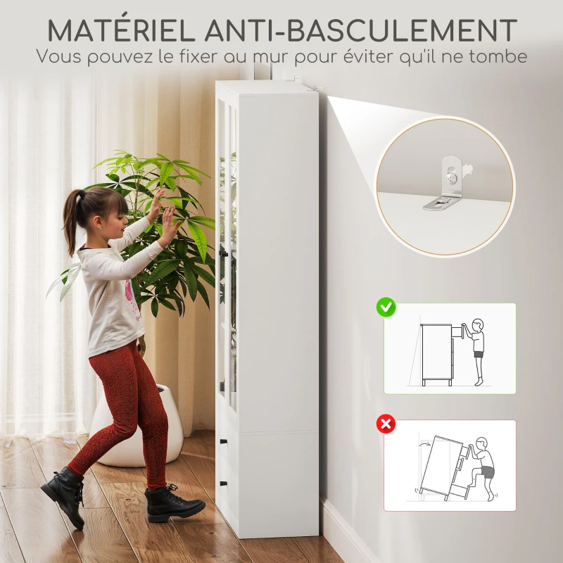 HOMCOM Mueble de almacenamiento moderno con armario de puertas de cristal, estantes ajustables y 2 cajones, 59x30x164 cm, blanco