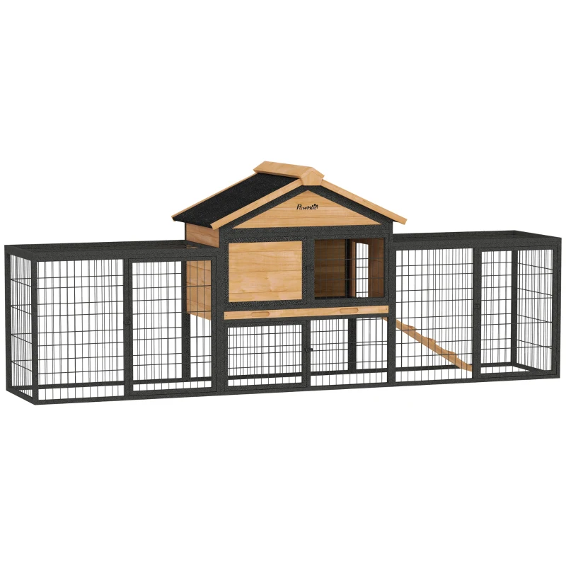 PawHut Jaula de Conejos de 2 Niveles con Techo a Dos Aguas Fabricada en Madera Maciza Resistente al Invierno con Corral 217x53x86 cm