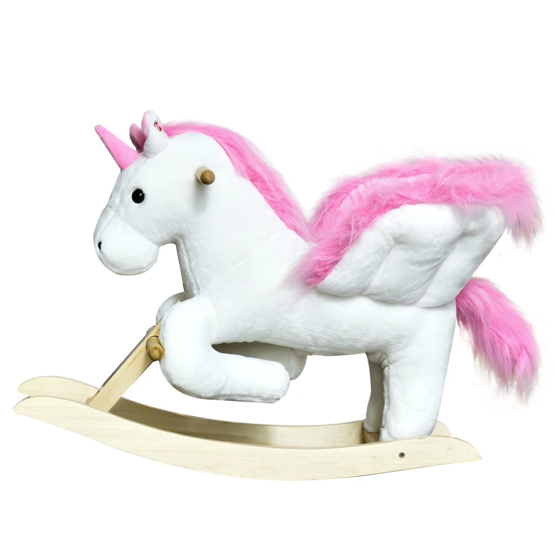 HOMCOM Juguete mecedor unicornio con función de sonido, base de madera y asas, caballito mecedor de peluche, para niños de 1,5 a 3 años