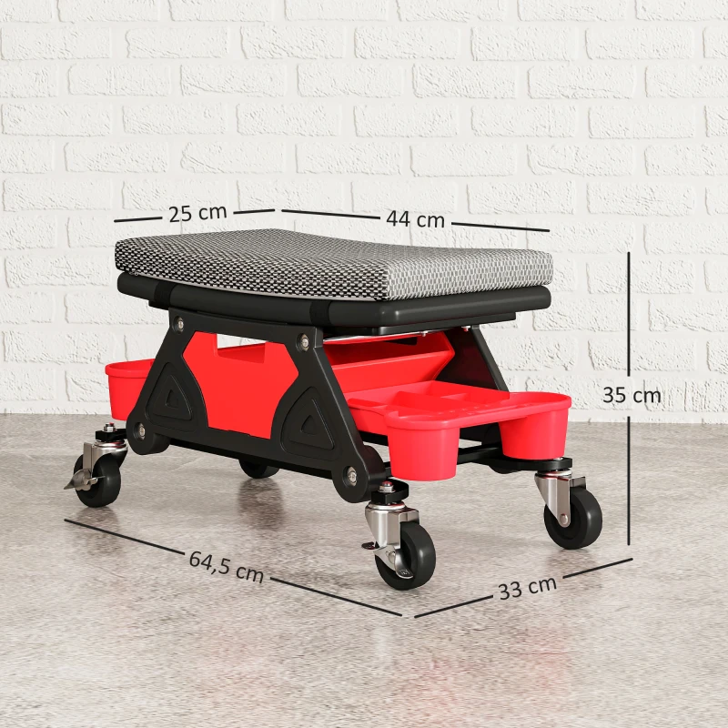 HOMCOM Taburete de taller móvil 135 kg, taburete de mecánico con ruedas giratorias a 360°, 64,5x33x35 cm, Negro