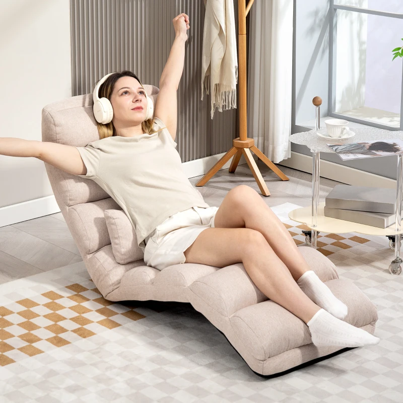 HOMCOM Sillón convertible 1 plaza con respaldo y reposacabezas ajustables en 5 posiciones, 58x119x78cm, beige