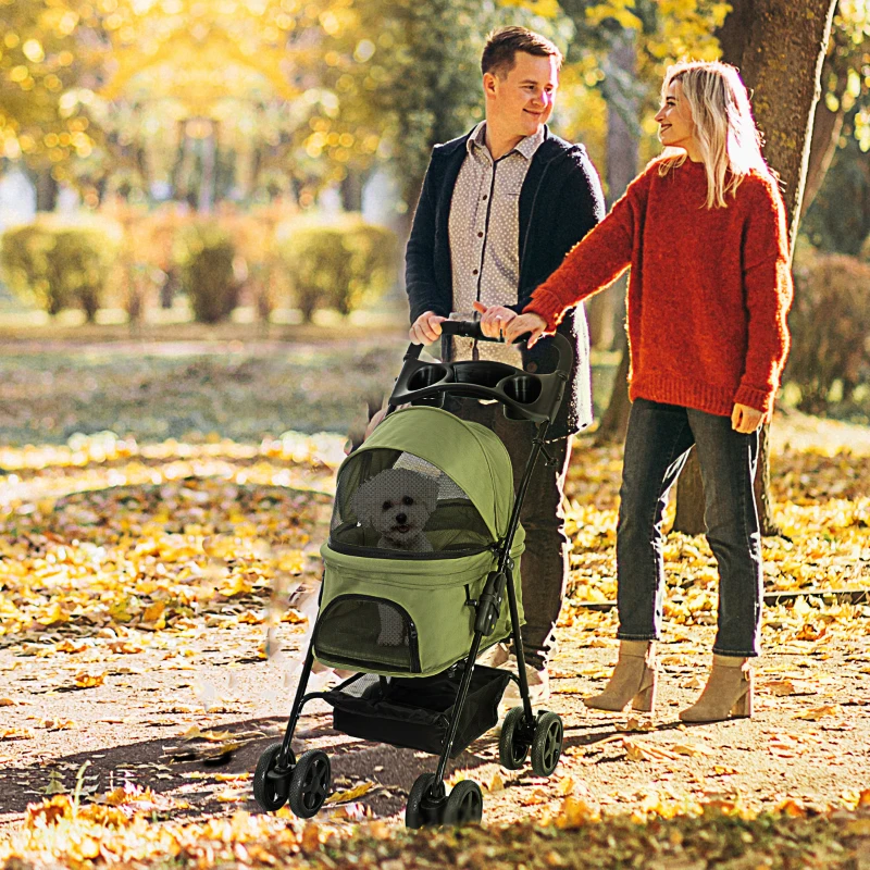 PawHut Carriola plegable para perro gato con cesto de almacenamiento portavasos tela 300D Oxford impermeable 4 ruedas Verde