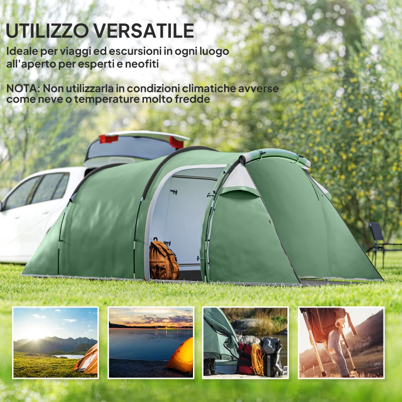 Outsunny Tenda da Campeggio 2-4 Posti con Telo Impermeabile e Porte con Cerniera, 426x206x15 cm, Verde Scuro