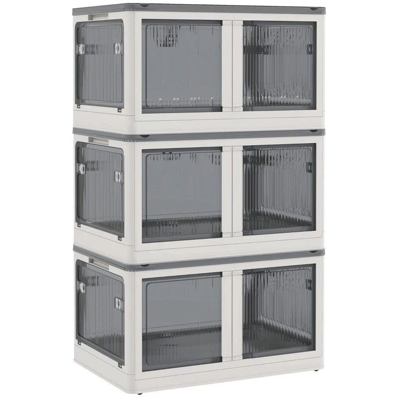 HOMCOM Contenedores de almacenamiento plegables y apilables 69L en plástico con tapa y 4 ruedas, acceso a 5 lados, Blanco