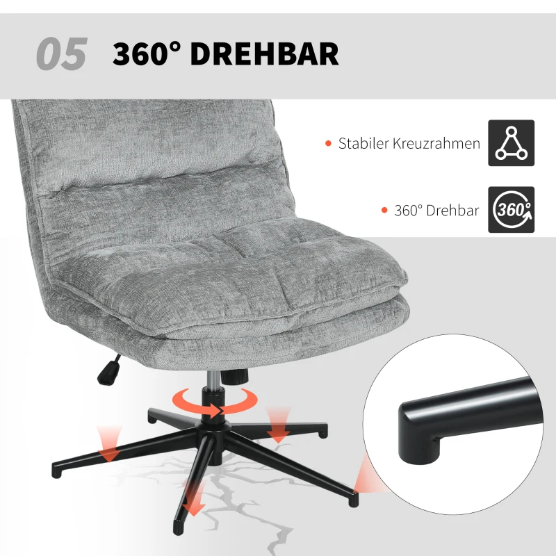 HOMCOM Silla Acolchada sin Reposabrazos, Silla de Oficina Giratoria Acolchada con Tela Suave, Ajustable en Altura, Patas de Acero, Gris