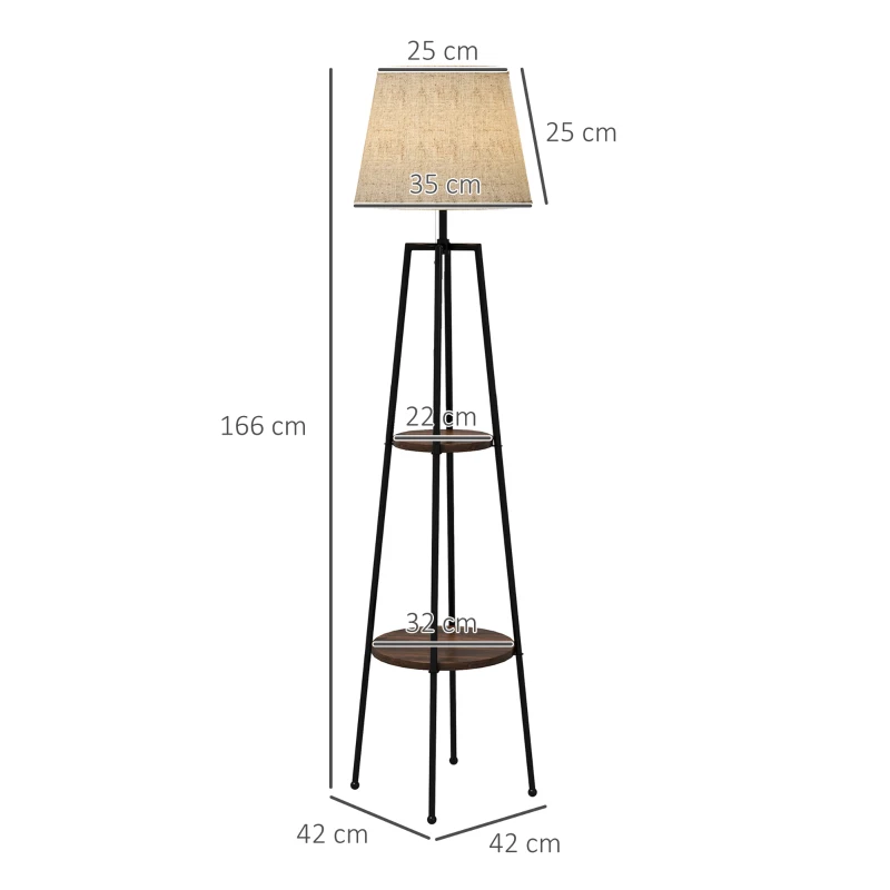 HOMCOM Lampara de Pie 2 estantes de almacenamiento casquillo E27 40 W interruptor de tiro pantalla de tela 42x42x166 cm Negro Marrón