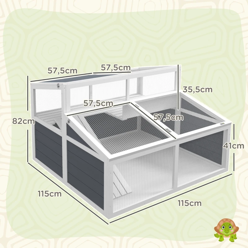 PawHut Casa recinto jaula para pequeño animal tortuga con 2 espacios techo en policarbonato 3 puertas rampa 115x115x82 cm Gris