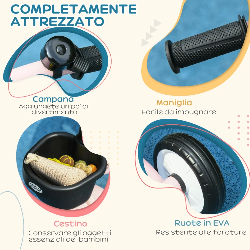 AIYAPLAY Triciclo per Bambini da 2-5 Anni con Seduta Regolabile e Campanello, 70.5x50x58cm, Rosa