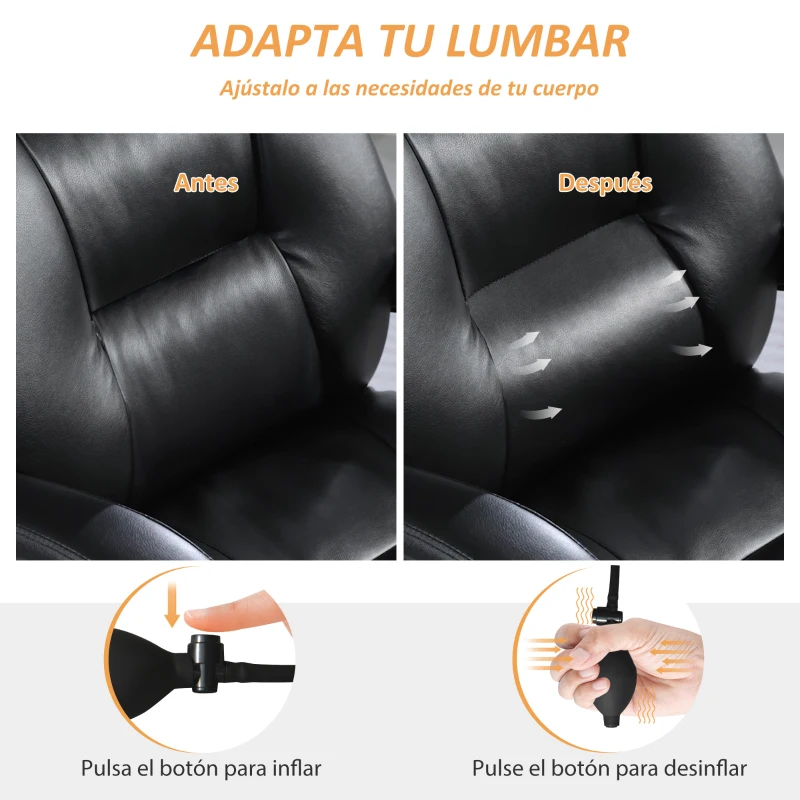 HOMCOM Silla de Escritorio con Soporte Lumbar Inflable Tapizada en PU Reposapiés Respaldo Reclinable Altura Ajustable Negro