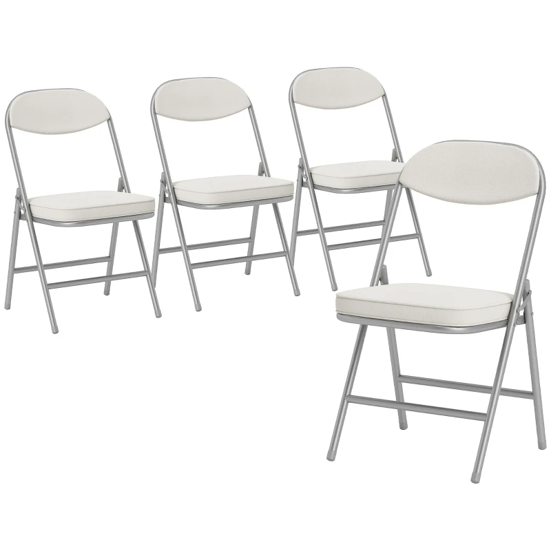 HOMCOM Set de 4 sillas plegables acolchadas, sillas plegables con cubierta de cordón, respaldo, marco de metal, Cremeweiß