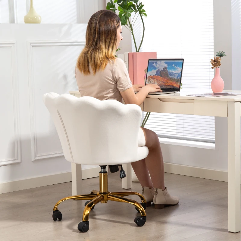 HOMCOM Silla de oficina de terciopelo, silla de tocador con respaldo en pétalo, altura ajustable, 69x64x80-90 cm, blanco